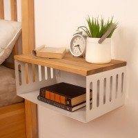 Light Brown Floating Nightstand with White Metal Base, Bedside Shelf, Wooden Top and Sturdy Metal Base, Minimalist Bedside Table